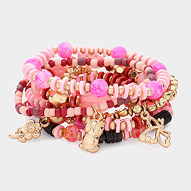 7PCS - Metal Flower Angel Dolphin Owl Charm Faceted Beaded Stretch Multi Layered Bracelets