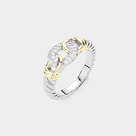 CZ Stone Paved Two Tone Link Knot Ring
