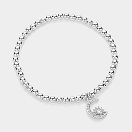 Stainless Steel Stone Paved Crescent Star Charm Stretch Ball Bracelet