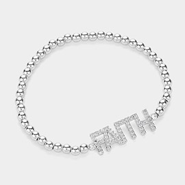 Stainless Steel Stone Paved FAITH Message Stretch Bracelet
