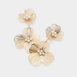 Pearl Pointed Double Metal Cutout Flower Link Dangle Earrings