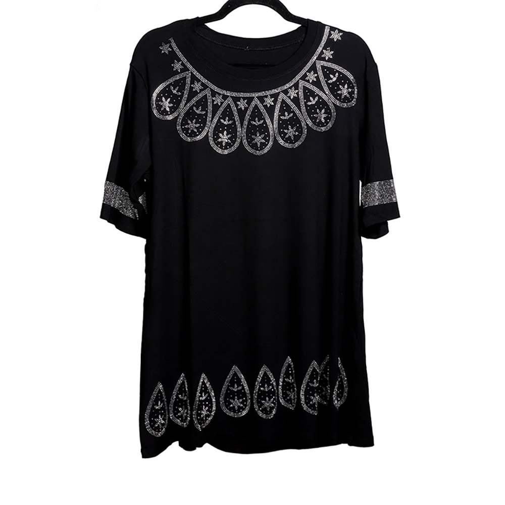 Bling Studded Boho Pattern Pointed Half Sleeve Top