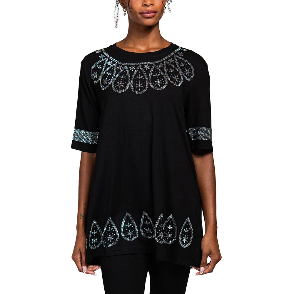 Bling Studded Boho Pattern Pointed Half Sleeve Top