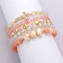 5PCS - Stone Paved Cross Pendant Pointed Faceted Beaded Multi Layered Bracelets