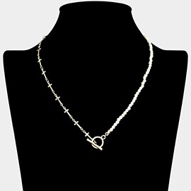 Metal Cross Link Pearl Toggle Necklace