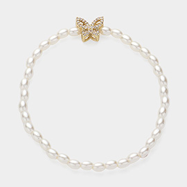 Stone Paved Butterfly Pointed Pearl Stretch Bracelet
