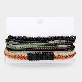 3PCS - Unisex Wax Rope Genuine Leather Adjustable Bracelet Wood Beaded Stretch Bracelet Set