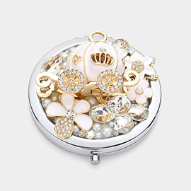 Pearl Glass Stone Enamel Flower Pumpkin Carriage Embellished Circle Compact Mirror