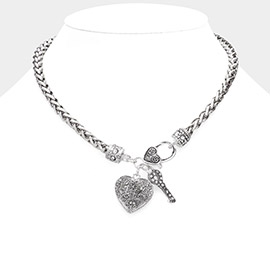 Antique Metal Heart Key Lock Pendant Toggle Necklace
