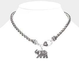 Antique Metal Elephant Heart Pendant Toggle Necklace