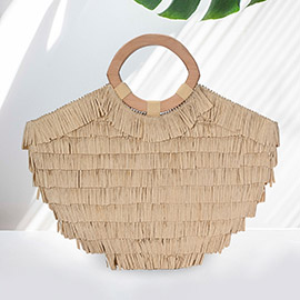 Handmade Wooden Handle Raffia Fringe Tote Bag
