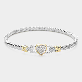 CZ Stone Paved Heart Pointed Two Tone Twisted Metal Hinged Bracelet