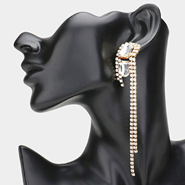 Double Rectangle Stone Cluster Pointed Rhinestone Paved Fringe Evening Earrings