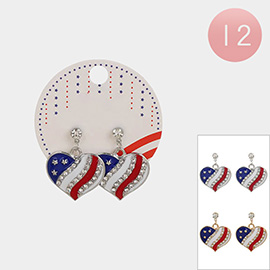 12Pairs - American USA Rhinestone Paved Enamel Heart Dangle Earrings