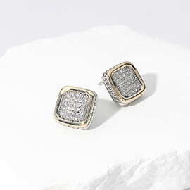 14K Gold Plated CZ Stone Paved Two Tone Square Stud Earrings