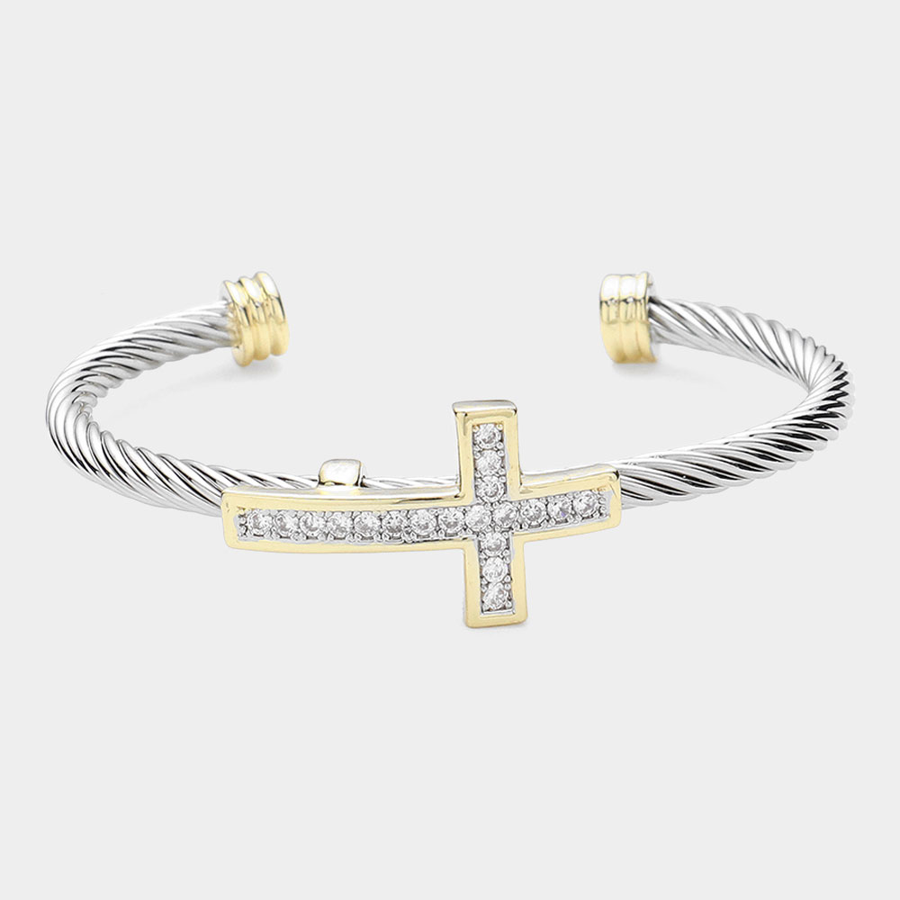 CZ Stone Paved Cross Pointed Two Tone Split Cuff Bracelet