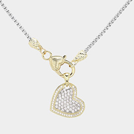 14K Gold Plated Two Tone CZ Stone Paved Heart Pendant Necklace