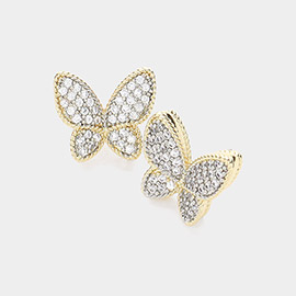 Two Tone CZ Stone Paved Butterfly Stud Earrings