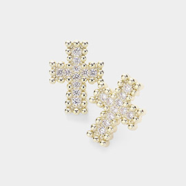 14K Gold Plated Two Tone CZ Stone Paved Cross Stud Earrings