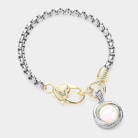 14K Gold Plated Two Tone Mother Of Pearl Round Pendant Bracelet