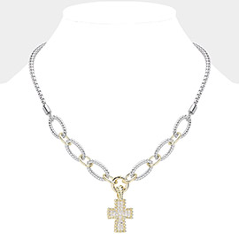 14K Gold Plated Two Tone CZ Stone Paved Cross Pendant Necklace