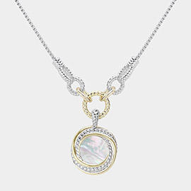14K Gold Plated Two Tone Mother Of Pearl Round Pendant Necklace