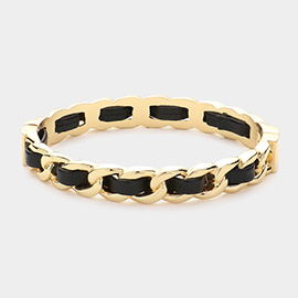 Faux Leather Chain Metal Hinged Bangle Bracelet 