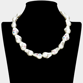Color Stone Paved Irregular Chunky Pearl Beaded Toggle Necklace