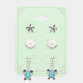 3Pairs - Starfish Pearl Shell Stud Sea Turtle Dangle Earrings Set