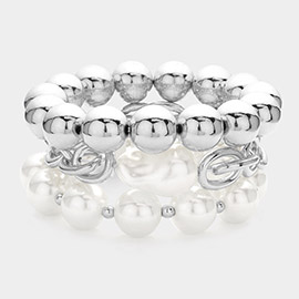 3PCS - Pearl Metal Ball Chain Beaded Stretch Multi Layered Bracelets
