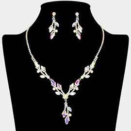 Marquise Stone Accented Flower Leaf Rhinestone Paved Necklace