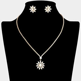 Pearl Pointed CZ Stone Paved Flower Pendant Necklace