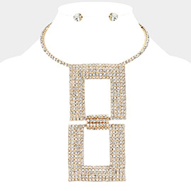 Oversized Rhinestone Paved Double Square Pointed Evening Choker Necklace