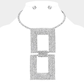Oversized Rhinestone Paved Double Square Pointed Evening Choker Necklace
