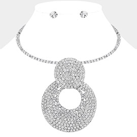 Oversized Abstract Rhinestone Paved Double Circle Pointed Evening Choker Necklace