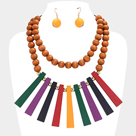 Geometric Wood Bar Beaded Double Layered Necklace