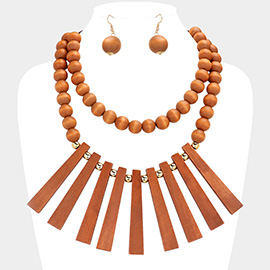 Geometric Wood Bar Beaded Dounble Layered Necklace