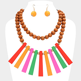 Geometric Wood Bar Beaded Dounble Layered Necklace