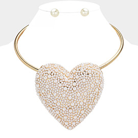 Pearl Studded Oversized Heart Pendant Pointed Necklace