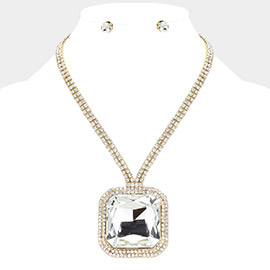Square Glass Stone Pendant Pointed Rhinestone Paved Necklace