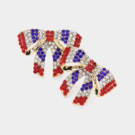 American USA Flag Colored Rhinestone Paved Bow Earrings