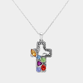 Stone Embellished Antique Metal Cross Pendant Necklace