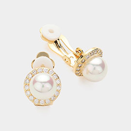 CZ Stone Paved Around Pearl Clip On Earrings