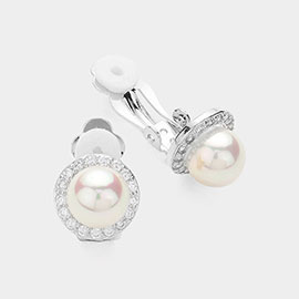 CZ Stone Paved Around Pearl Clip On Earrings