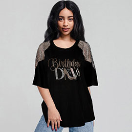 Bling Studded Birthday Diva Message Printed Half Sleeves Top