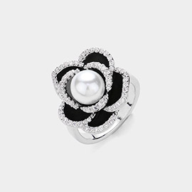Pearl Pointed Rhinestone Rim Flower Ring