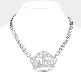Stone Paved QUEEN Message Accented Crown Pendant Chunky Chain Necklace