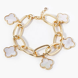 Gold Dipped Mother Of Pearl Quatrefoil Charm Station Chunky Chain Bracelet