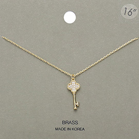 Brass Metal Stone Paved Quatrefoil Key Pendant Necklace