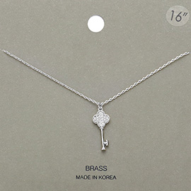 Brass Metal Stone Paved Quatrefoil Key Pendant Necklace